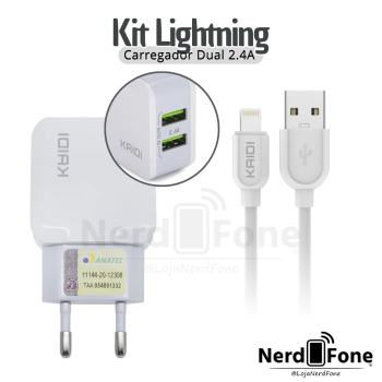 KIT CARREGADOR 2.4A DUPLO USB-A KAIDI; CABO 1M IPHONE