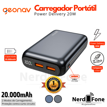 CARREGADOR PORTÁTIL GEONAV TURBO 20W; BATERIA 20.000mAh