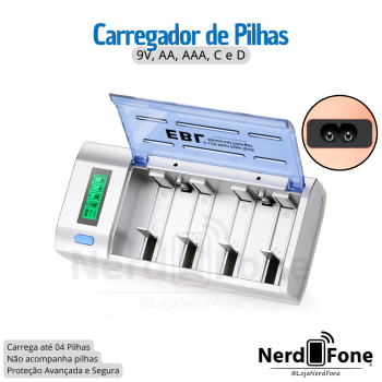 CARREGADOR P/ 4 PILHAS C/ VISOR EBL; 9V, AA, AAA, C e D