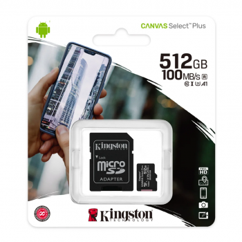 CARTÃO MICRO SD KINGSTON A1 PLUS CLASSE 10; mSD FHD 512GB