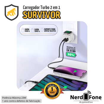 CARREGADOR SURVIVOR 2 EM 1 USB-C + USB A + APPLE WATCH GSHIELD