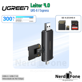 LEITOR DE CARTAO UHS-II UGREEN;  USB-A + USB-C SD/mSD