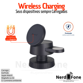 CARREGADOR SUPORTE DE MESA INDUÇÃO PEI; 4 EM 1 COM LUMINÁRIA