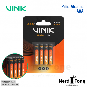 PILHA ALCALINA 1.5V AAA/3A VINIK; CART C/ 08 UNI