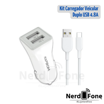 KIT CARREGADOR VEICULAR 4.8A; CABO USB-A x USB-C KAPBOM