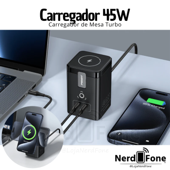 CARREGADOR DE MESA 45W PISEN; SEM FIO + 2x USB-C