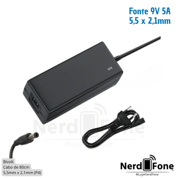 FONTE DE ALIMENTAÇÃO 9V 5A 5.5x2.1MM