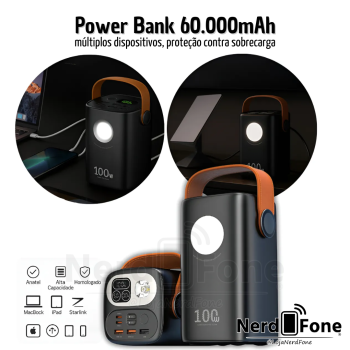 CARREGADOR BATERIA PORTATIL TURBO PD 100W; HR 60.000mAh