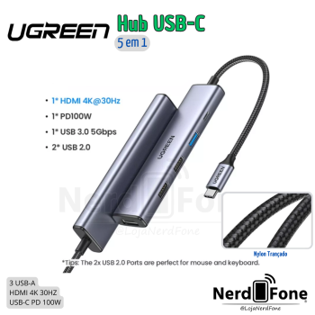 HUB USB-C 5 EM 1 (HDMI/2XUSB/USB3.0+PD100W) UGREEN