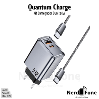 KIT CARREGADOR USB-C + USB-A 33W HR; CABO USB-C x USB-C 1M