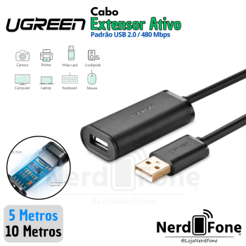 CABO EXTENSOR USB 2.0 ATIVO UGREEN; 10METROS