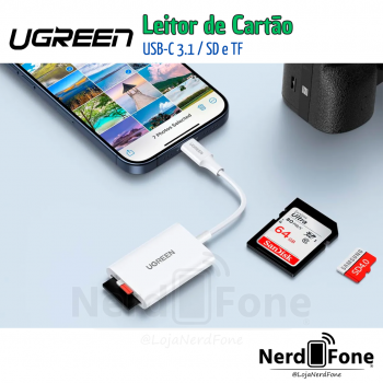 ADAPTADOR LEITOR DE CARTAO USB-C UGREEN; 170MBPS SD/TF BRANCO