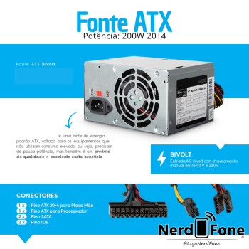 FONTE ATX 200W RMS 20+4P FORTREK