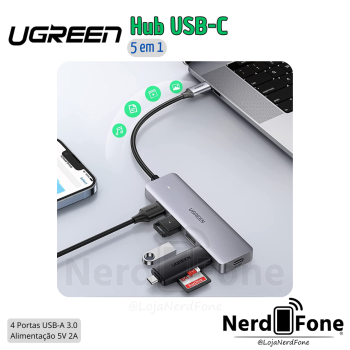 HUB USB-C 5 EM 1 UGREEN; (4xUSB-A+ USB-C IN 5V)