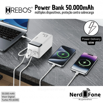 CARREGADOR BATERIA PORTATIL TURBO PD 65W; HREBOS 50.000mAh