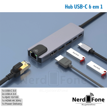 HUB USB-C 6 EM 1 (HDMI/2xUSB-A/RJ45/USB-C/PD)