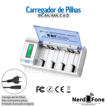CARREGADOR P/ 4 PILHAS C/ VISOR EBL; 9V, AA, AAA, C e D