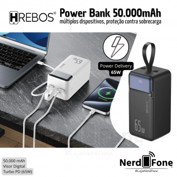 CARREGADOR BATERIA PORTATIL TURBO PD 65W; HREBOS 50.000mAh