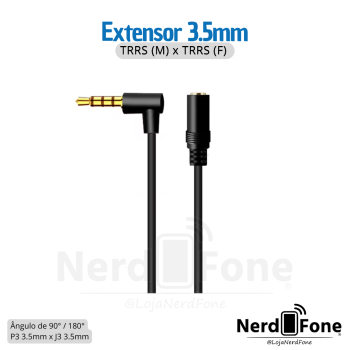 CABO 3.5 P3 90º x J3 180º 20cm;  3.5mm TRRS (M) x TRRS (F); EXTENSOR DE AUDIO P3