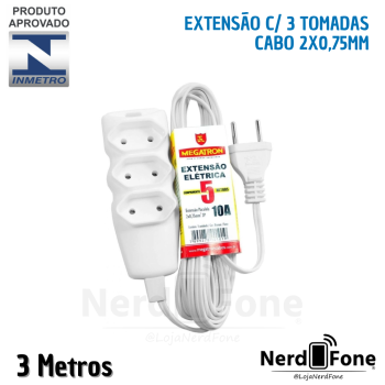 EXTENSÃO C/ 3 TOMADAS CABO PL 2X0.75 3M MEGATRON / BRANCA