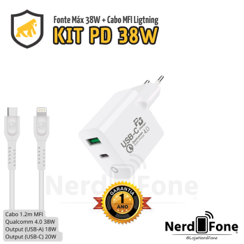KIT CARREGADOR 38W (FONTE QC 4.0 + CABO MFI USB-C LIGHTNING  1.2M) GSHIELD; VYYL3DBCU-L
