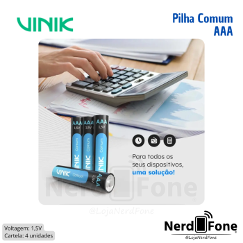 PILHA COMUM AAA 1.5V VINIK; CARTELA COM 04 UNIDADES