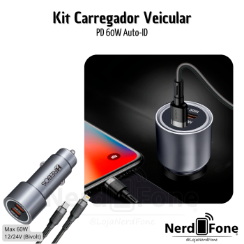 KIT CARREGADOR VEICULAR 2x USB-C MAX 60W HREBOS; CABO USB-C X LIGHTNING