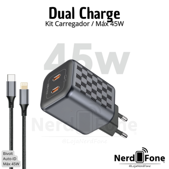 KIT CARREGADOR HR DUAL USB-C MÁX 45W; CABO USB-C x LIGHTNING 1M