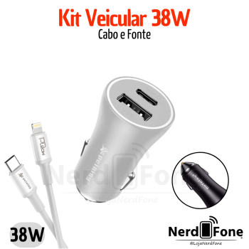 KIT VEICULAR DUAL MAX 38W PEINING; CABO 1M USB-C x LIGHTNING