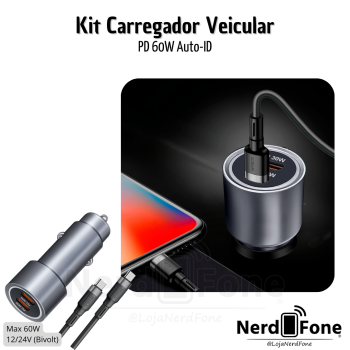 KIT CARREGADOR VEICULAR 2x USB-C MAX 60W HR; CABO USB-C X USB-C