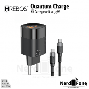 KIT CARREGADOR USB-C 33W HREBOS; CABO USB-C x USB-C 1M