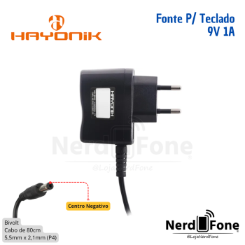FONTE P/ TECLADO CASIO 9V 1A HAYONIK; 5.5x2.1MM CENTRO NEGATIVO P4