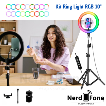 KIT RING LIGHT C/ LED RGB 10 POLEGADAS E TRIPE