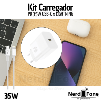 KIT CARREGADOR 35W GaN USB-C PEINING; CABO IPHONE USB-C x LIGHTNING