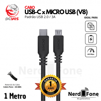 CABO USB-C 2.0 x MICRO USB (V8) PCYES; PRETO 1METRO
