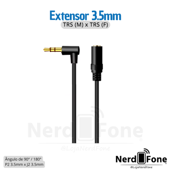 CABO 3.5 P2 90º x J2 180º 20cm;  3.5mm TRS (M) x TRS (F); EXTENSOR DE AUDIO P2