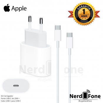 KIT CARREGADOR APPLE; FONTE 20W; CABO USB-C x USB-C