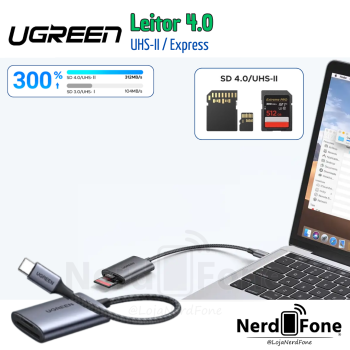 LEITOR DE CARTAO UHS-II UGREEN; USB-C SD/mSD