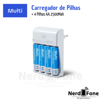 CARREGADOR DE PILHAS AA/AAA MULTILASER; C/ 04 PILHAS AA
