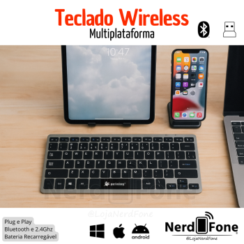 TECLADO SEM FIO BLUETOOTH BT + 2.4GHZ PEINING