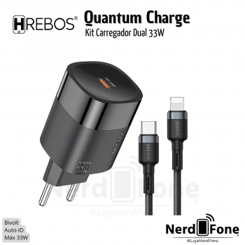 KIT CARREGADOR USB-C 33W HREBOS; CABO USB-C x LIGHTNING 1M