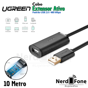 CABO EXTENSOR USB 2.0 ATIVO UGREEN; 10METROS
