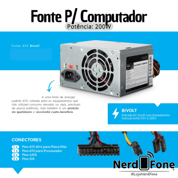 FONTE ATX 200W RMS 20+4P FORTREK