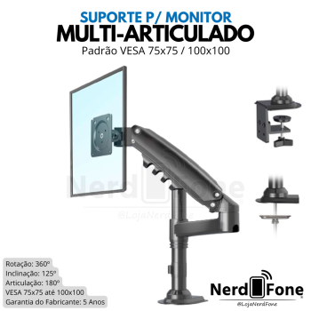 SUPORTE MONITOR 17“ A 35“ MULTIARTICULADO;  PISTÃO A GÁS PRETO PIX