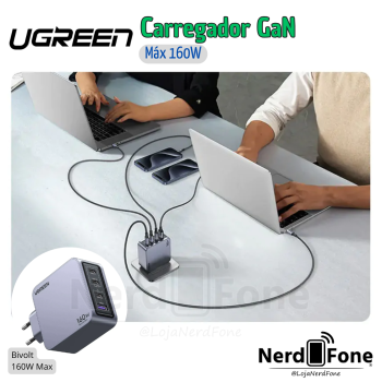 KIT CARREGADOR DE VIAGEM MAX 160W UGREEN; FONTE + CABO USB-C/USB-C 1.5METRO
