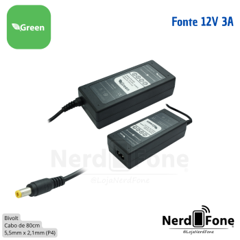 FONTE DE ALIMENTAÇÃO 12V 3A 5.5x2.1MM P4 GREEN; SEM CABO DE FORÇA