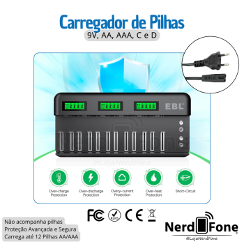 CARREGADOR P/ 12 PILHAS C/ VISOR EBL; 2x 9V, AA, AAA, C e D