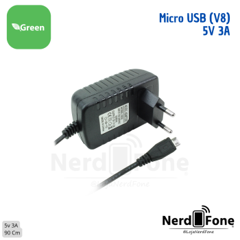 FONTE DE ALIMENTAÇÃO 5V 3A MICRO USB V8 CABO 90CM GREEN