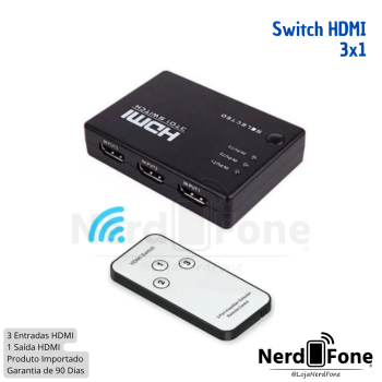 HUB SWITCH HDMI 3 ENTRADAS x 1 SAÍDA;  C/ CONTROLE REMOTO