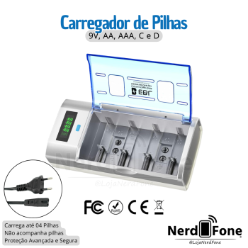 CARREGADOR P/ 4 PILHAS C/ VISOR EBL; 9V, AA, AAA, C e D